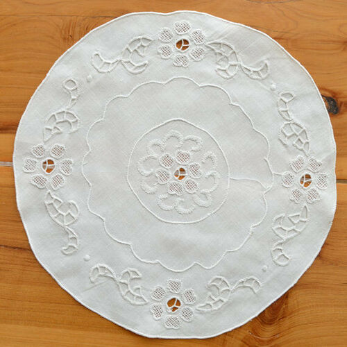 Vintage 8" Round Hand Embroidered Linen Doily Centerpiece Shabby Chic Home Decor