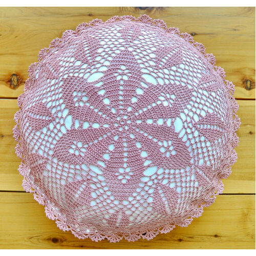 Hand Crochet Lace Cushion Cover Hand Made Round 16" Purple Pure Cotton
